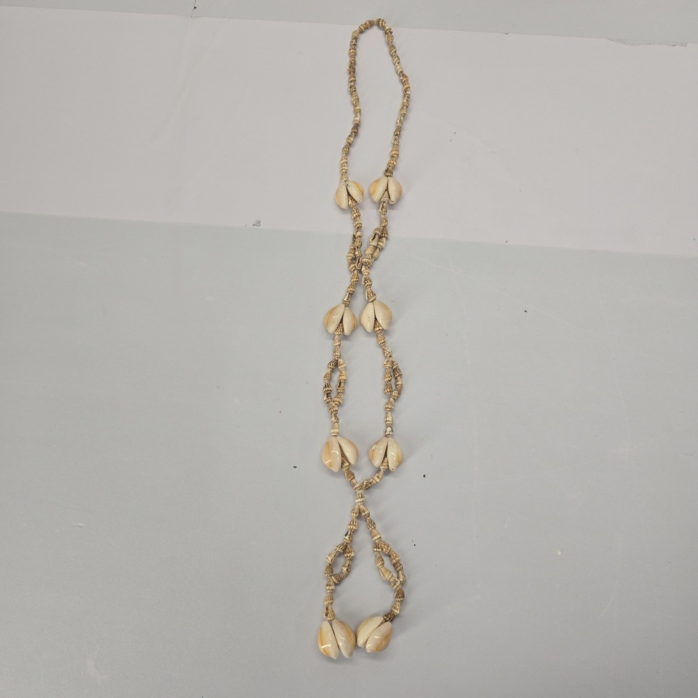 Vintage Natural Cowrie Shell Long Lariat Necklace Boho Coastal Cream Tan - Picture 3 of 6